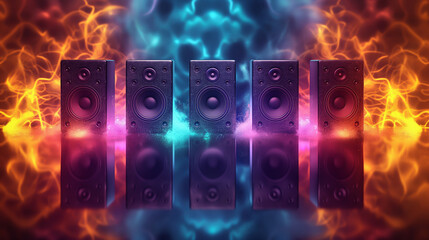 Music sounds speaker system on colorful bokeh background, The sound wave on the audio equipment control, entertainment concept for sounds and music editing, - obrazy, fototapety, plakaty