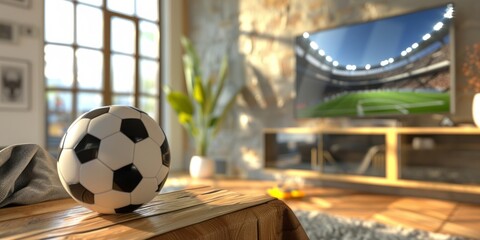 Fototapeta premium A soccer ball rests on a wooden table in front of a flat-screen TV, creating a rustic scene with bold, angular elements.