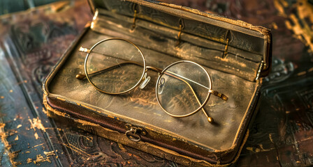 Vintage eyeglasses on an antique leather case