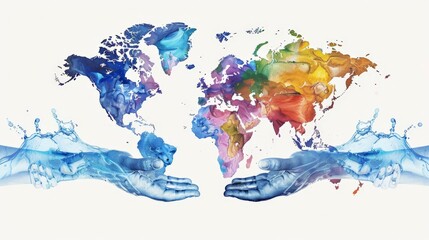 A map of the world with rivers highlighted in blue, flowing towards hands of different colors coming together in the center. Express the global nature of the water crisis - obrazy, fototapety, plakaty