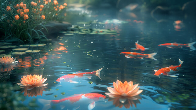 Artistic rendering of a koi pond at sunset, with reflections of the fish below the water's surface