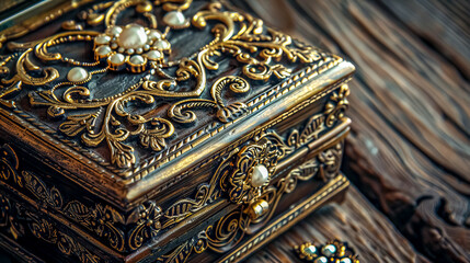 Vintage jewelry box on wooden surface