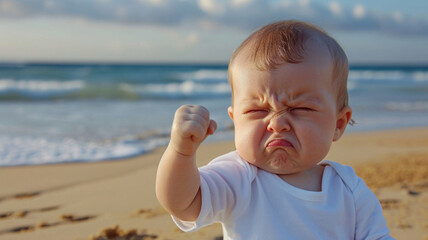 baby on the beach making a face and shaking fist in the air