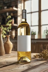 Weißweinflasche mit leerem, weißen Etikett, Weinflaschen Mockup  - obrazy, fototapety, plakaty