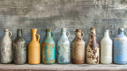 Vintage bottles on rustic wooden backdrop