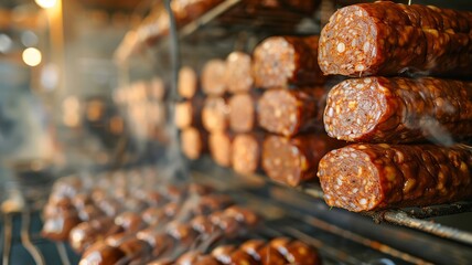 Rows of sausages curing in a traditional smokehouse