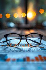 Close-up of a pair of glasses focusing on a small graph, emphasizing attention to detail in business analysis - obrazy, fototapety, plakaty