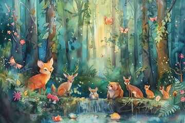 Whimsical Watercolor Illustration of a Fairy Tale Forest with Enchanted Talking Animals