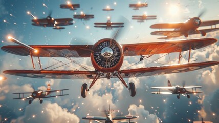 Historical biplanes flying in formation on a bright, sunny day - obrazy, fototapety, plakaty