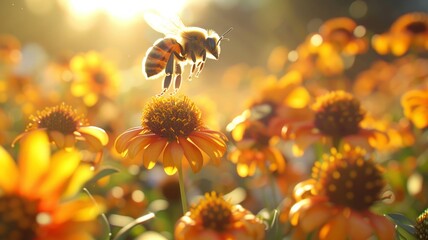 Bees hovering over vibrant helenium flowers in a lively garden