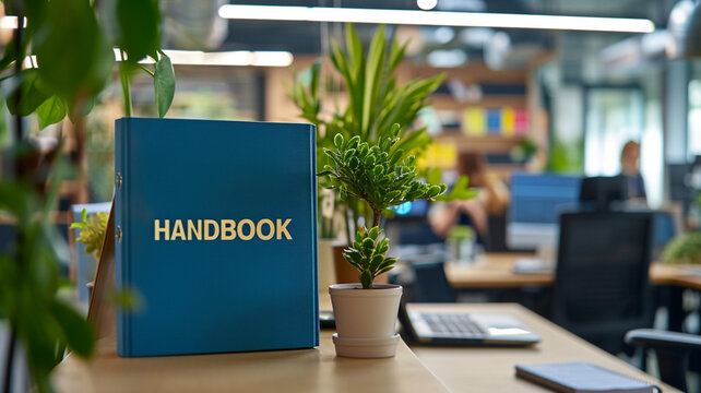 a binder on an office desk that says employee handbook
