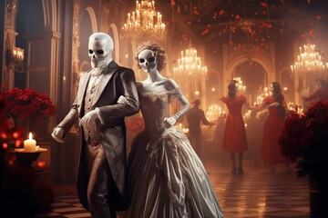 Masquerade Ball Elegance: Ghostly Couple Dancing in a Grand Hal - obrazy, fototapety, plakaty