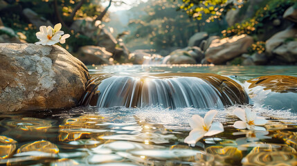 Tropical paradise: A vibrant waterfall in a lush forest, showcasing natures beauty and the serenity of flowing water