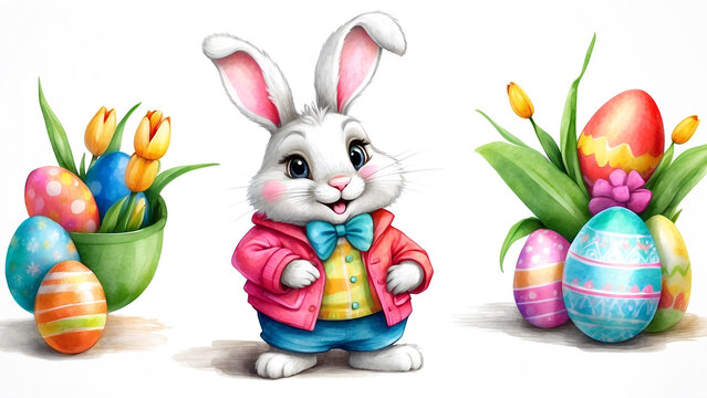 Cute stylish cartoon rabbit with Easter eggs.