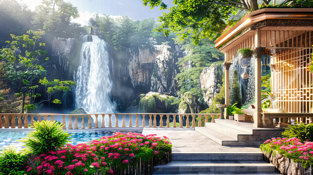 Tropical Waterfall and Forest Scenery, Kuang Si Falls in Laos, Nature and Travel Concept