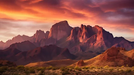 Deurstickers A stunning landscape photograph of a vast desert mountain range at sunset, featuring vibrant red rock formations and a deep blue sky. © HecoPhoto