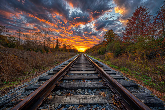 Empty train tracks going into the sunset, horizon vanishing point, landscape, background