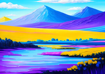 landscape in a fabulous forest, rainbow spectrum of colorful autumn trees in unusual neon lighting, fog background autumn fantasy painted, mountain and forest terrain, Generative AI	