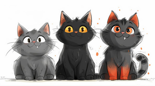 Three cute cats with large eyes look affectionately into the camera. An illustration for a children's book. Cats on a white background