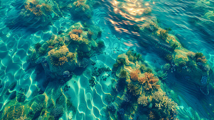 Fototapeta na wymiar Underwater seascape with clear blue waters and coral reefs, highlighting the serene beauty of the oceans depths
