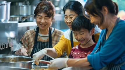 A multigenerational Asian family volunteers at a local soup kitchen, working side-by-side to serve...