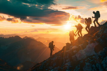 Landscape of hikers going down a hill during sunset