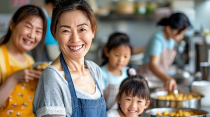A multigenerational Asian family volunteers at a local soup kitchen, working side-by-side to serve food to others, with smiles of unity and purpose.