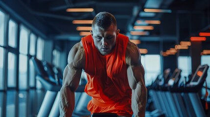 athletic muscular man working out in the gym - obrazy, fototapety, plakaty