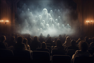 Fototapeta na wymiar Ghostly Figures Appearing on Screen in a Haunted Movie Theater