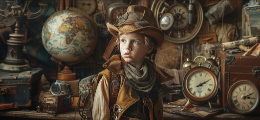 Fototapeta premium child in an attic filled with antiques and curiosities, donning a homemade time traveler's costume, ready to embark on adventures through history, surrounded by maps, clocks