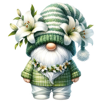 Gnome with Lilies Illustration in Green Tones.
