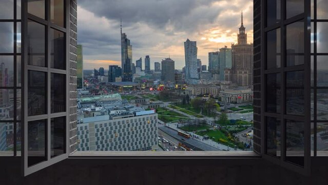 warsaw city modern business centre timelapse day to night seen from the office window