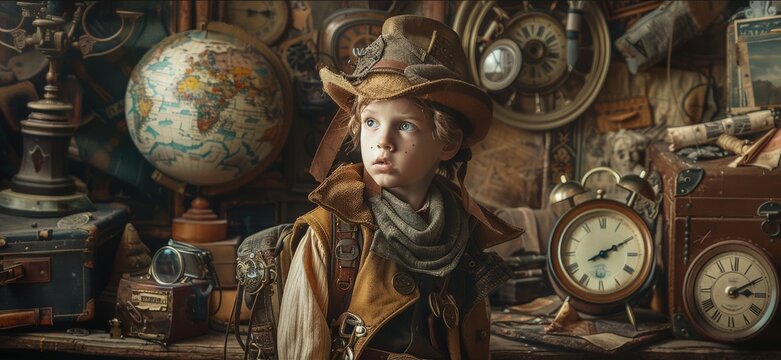 child in an attic filled with antiques and curiosities, donning a homemade time traveler's costume, ready to embark on adventures through history, surrounded by maps, clocks