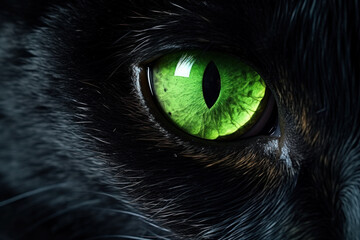 Enigmatic Gaze: Close-Up of a Black Cat's Intense Green Eye with Mystical Aura