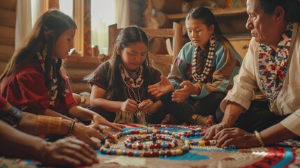 A Native American family sits in a circle on a woven rug, passing down a cherished beaded necklace through generations, each person adding their own unique touch. - obrazy, fototapety, plakaty