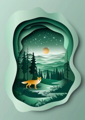 Fox Paper Cut in Night Forest