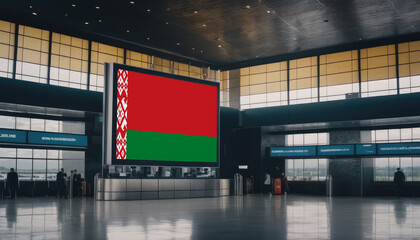 Belarus flag in the airport terminal. Travel and tourism concept.