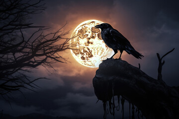 Omen of the Night: Mysterious Raven Perched on Gnarled Branch Under a Full Moon - obrazy, fototapety, plakaty