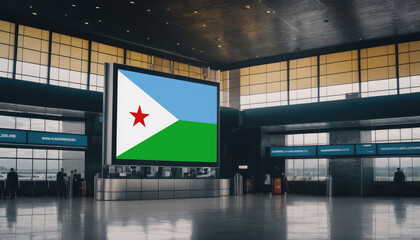 Djibouti flag in the airport terminal. Travel and tourism concept.