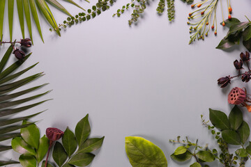 Composition made of meadow flowers and leaves on gray background. Flat lay. View from above