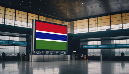 Gambia flag in the airport terminal. Travel and tourism concept.