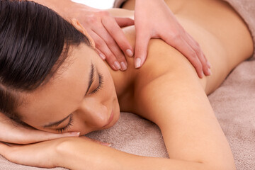 Woman, relax and spa for massage, wellness and skincare for body, treatment and detox for luxury....