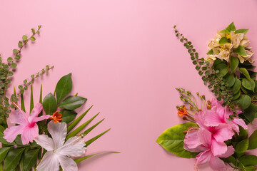 Composition made of meadow flowers and leaves on pink background. Flat lay. View from above