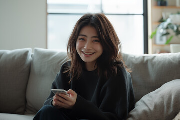 Radiant young Asian woman using smartphone on cozy sofa - obrazy, fototapety, plakaty