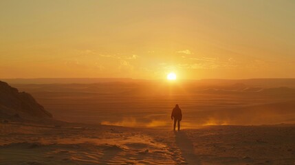 Fototapeta na wymiar A panoramic shot of a sprawling desert landscape, with a lone figure walking towards the setting sun. (epic, establishing shot)