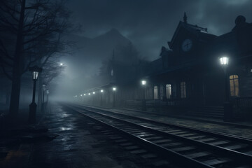  Mysterious Evening at a Fog-Enveloped Old Train Station Under Dim Street Lights