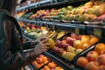 Woman Selecting Fruit in Grocery Store - obrazy, fototapety, plakaty