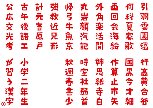 イラスト素材:手書き風の小学２年生が習う漢字(かんじ) Part1　太字のフォント