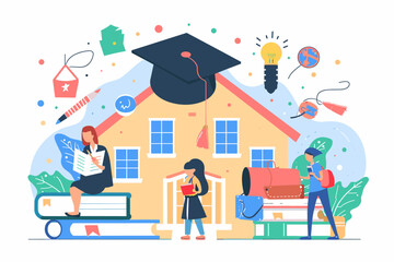 Back to School Education Concept - Students with Books, Backpacks, Apple, Pencils, Graduation Cap. Symbols of Learning, Studying, Knowledge. Creative Vector for Web Banner and Social Media Ad