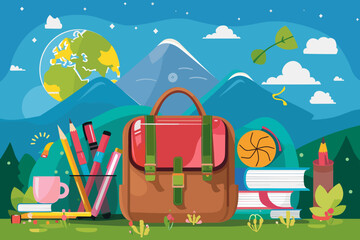 Back to School Education Concept - Students with Books, Backpacks, Apple, Pencils, Graduation Cap. Symbols of Learning, Studying, Knowledge. Creative Vector for Web Banner and Social Media Ad